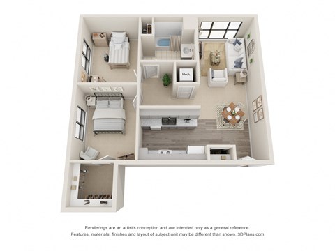 Floor plan for 2 beds, 1 bath, 838 sqft